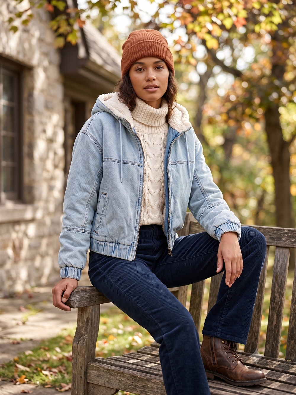 American Eagle Sherpa Hooded Denim Bomber Jacket Light Wash Cabincore Gorpcore